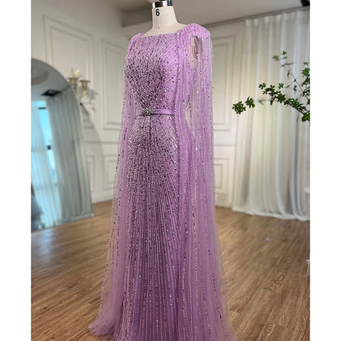 Arabic Purple Mermaid Cape Sleeves Beaded Luxury Dubai Long Evening Dresses Gowns For Women Party 2025 LA71909