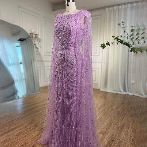 Arabic Purple Mermaid Cape Sleeves Beaded Luxury Dubai Long Evening Dresses Gowns For Women Party 2025 LA71909