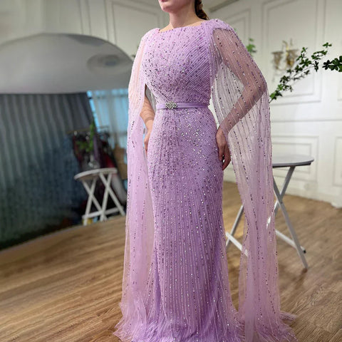Arabic Purple Mermaid Cape Sleeves Beaded Luxury Dubai Long Evening Dresses Gowns For Women Party 2025 LA71909