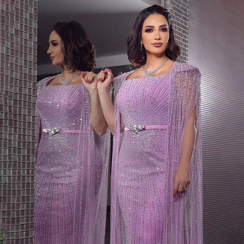 Arabic Purple Mermaid Cape Sleeves Beaded Luxury Dubai Long Evening Dresses Gowns For Women Party 2025 LA71909