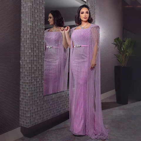 Vestidos largos de noche de lujo estilo sirena, color púrpura árabe, con mangas tipo capa y cuentas, estilo Dubai, para mujer, ideales para fiestas 2025 LA71009 