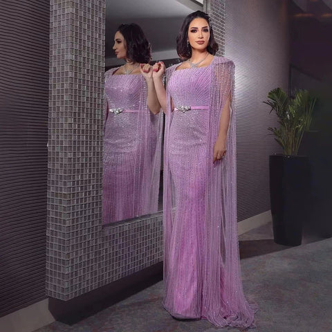Arabic Purple Mermaid Cape Sleeves Beaded Luxury Dubai Long Evening Dresses Gowns For Women Party 2025 LA71909