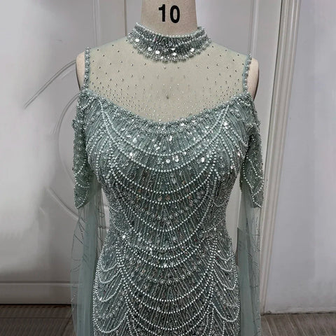 Vestidos de noche largos de lujo con mangas de capa estilo sirena color púrpura árabe, con cuentas, para mujer, ideales para bodas y fiestas (2025) LA71992 