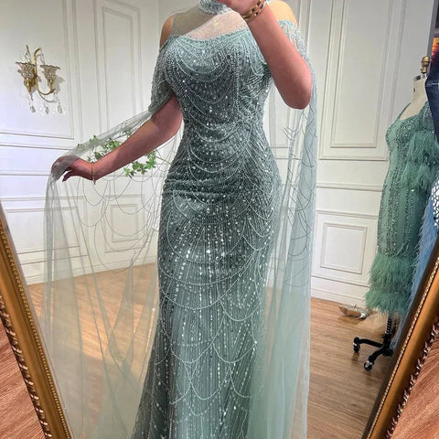 Vestidos de noche largos de lujo con mangas de capa estilo sirena color púrpura árabe, con cuentas, para mujer, ideales para bodas y fiestas (2025) LA71992 
