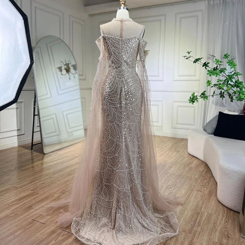 Vestidos de noche largos de lujo con mangas de capa estilo sirena color púrpura árabe, con cuentas, para mujer, ideales para bodas y fiestas (2025) LA71992 