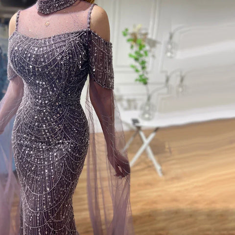Vestidos de noche largos de lujo con mangas de capa estilo sirena color púrpura árabe, con cuentas, para mujer, ideales para bodas y fiestas (2025) LA71992 