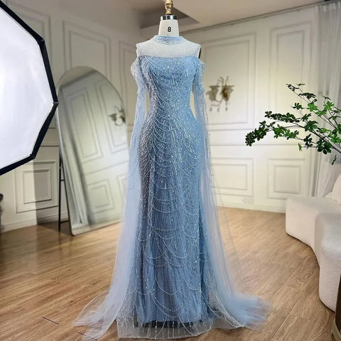 Vestidos de noche largos de lujo con mangas de capa estilo sirena color púrpura árabe, con cuentas, para mujer, ideales para bodas y fiestas (2025) LA71992 
