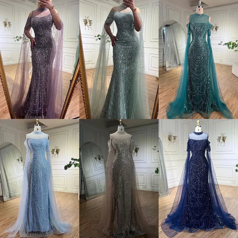 Vestidos de noche largos de lujo con mangas de capa estilo sirena color púrpura árabe, con cuentas, para mujer, ideales para bodas y fiestas (2025) LA71992 