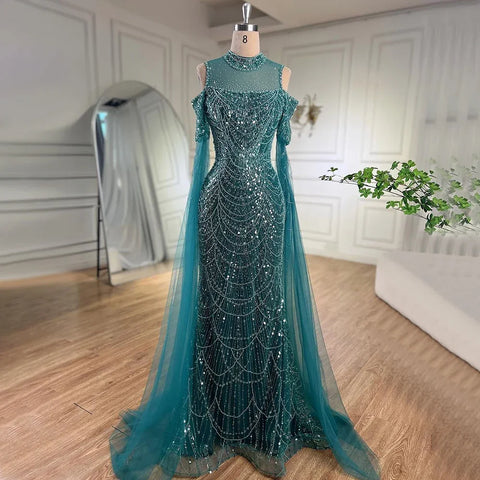 Vestidos de noche largos de lujo con mangas de capa estilo sirena color púrpura árabe, con cuentas, para mujer, ideales para bodas y fiestas (2025) LA71992 