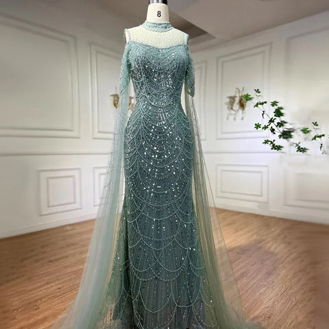 Vestidos de noche largos de lujo con mangas de capa estilo sirena color púrpura árabe, con cuentas, para mujer, ideales para bodas y fiestas (2025) LA71992 