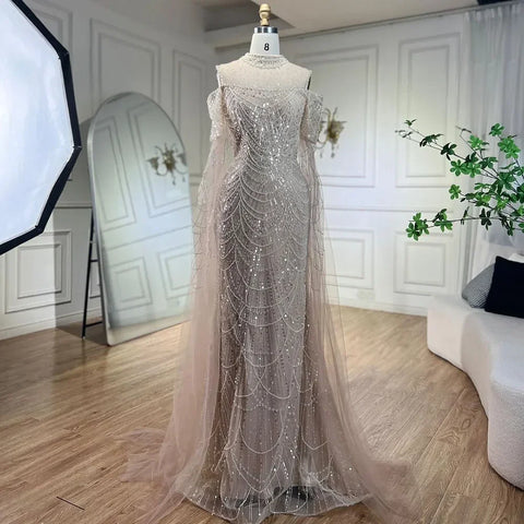 Vestidos de noche largos de lujo con mangas de capa estilo sirena color púrpura árabe, con cuentas, para mujer, ideales para bodas y fiestas (2025) LA71992 