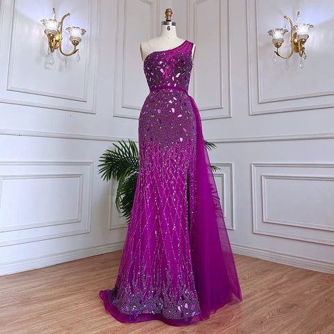 Arabic Purple Mermaid One Shoulder High Split Beaded Luxury Evening Dresses Gowns For Women Party 2025 LA71820