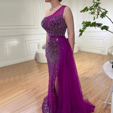 Arabic Purple Mermaid One Shoulder High Split Beaded Luxury Evening Dresses Gowns For Women Party 2025 LA71820