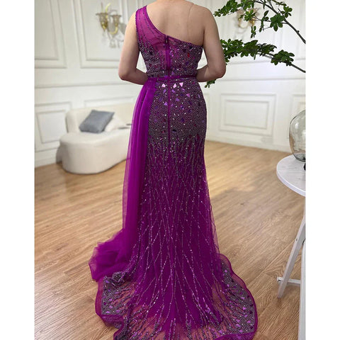 Arabic Purple Mermaid One Shoulder High Split Beaded Luxury Evening Dresses Gowns For Women Party 2025 LA71820