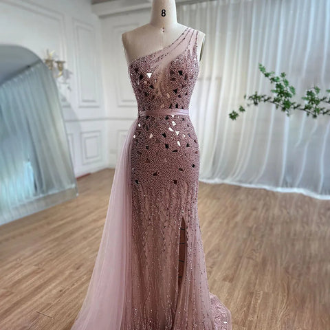 Arabic Purple Mermaid One Shoulder High Split Beaded Luxury Evening Dresses Gowns For Women Party 2025 LA71820