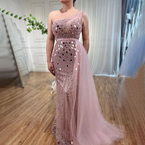 Arabic Purple Mermaid One Shoulder High Split Beaded Luxury Evening Dresses Gowns For Women Party 2025 LA71820