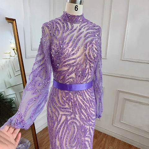 Vestidos de noche elegantes con cuentas, estilo sirena, color púrpura árabe, cuello alto abullonado, mangas abullonadas, para mujer, ideales para fiestas 2025 LA71815 