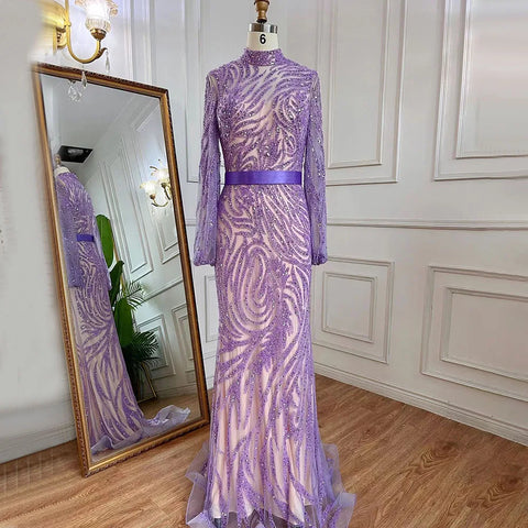 Vestidos de noche elegantes con cuentas, estilo sirena, color púrpura árabe, cuello alto abullonado, mangas abullonadas, para mujer, ideales para fiestas 2025 LA71815 