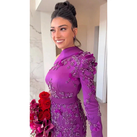 Arabic Purple Mermaid Satin Lace Beaded Luxury Dubai Evening Dresses Gowns 2025 Elegant For Women Party LA72179