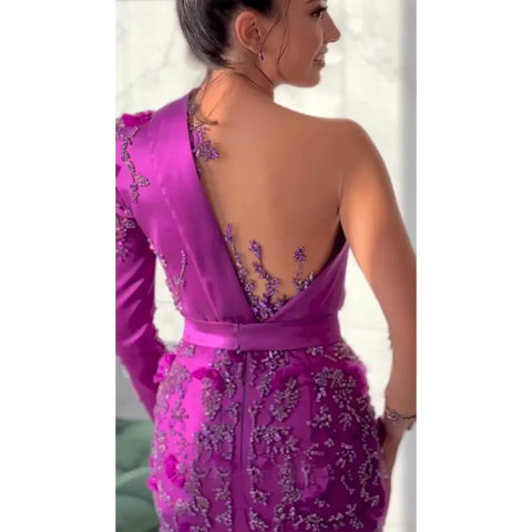 Arabic Purple Mermaid Satin Lace Beaded Luxury Dubai Evening Dresses Gowns 2025 Elegant For Women Party LA72179