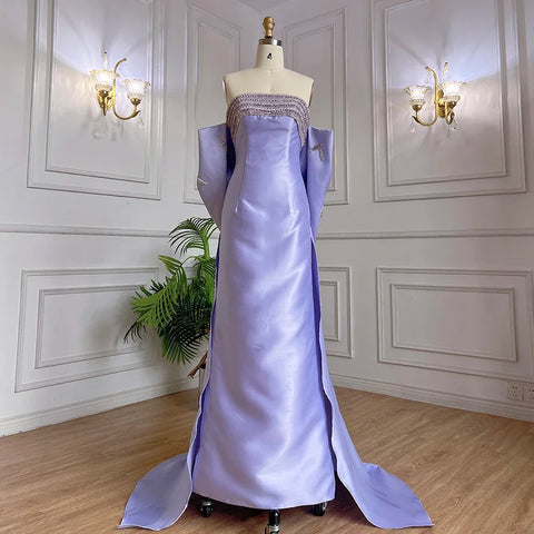 Robe de soirée sirène en satin violet arabe, sans bretelles, avec veste et perles, pour femme, tenue de mariage, modèle 2025, LA71897 