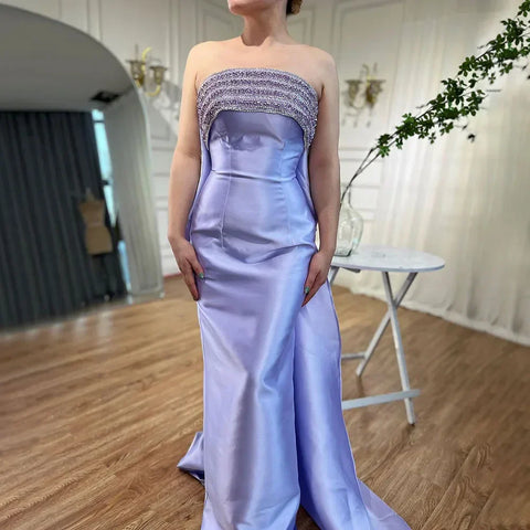Robe de soirée sirène en satin violet arabe, sans bretelles, avec veste et perles, pour femme, tenue de mariage, modèle 2025, LA71897 