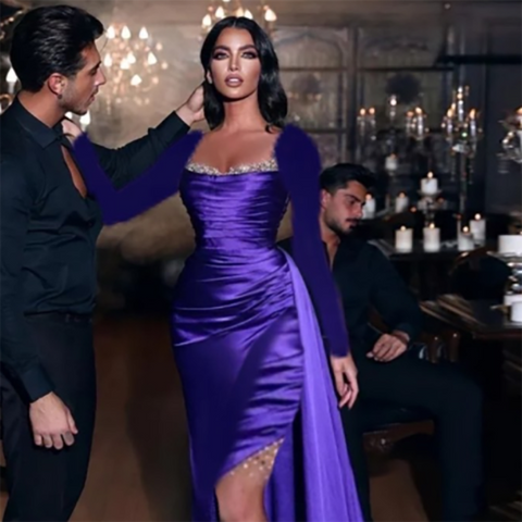 Arabic Purple Satin Mermaid Sexy High Split With Overskirt Evening Dresses Gowns 2025 For Women Party LA71956