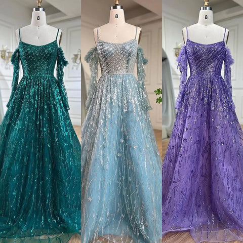 Arabic Purple Sexy Spaghetti Strap Long Sleeves Beaded Luxury A Line Dubai Evening Dresses 2025 LA72234