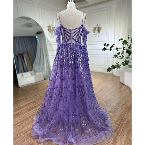 Arabic Purple Sexy Spaghetti Strap Long Sleeves Beaded Luxury A Line Dubai Evening Dresses 2025 LA72234
