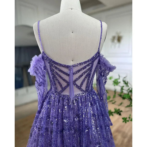 Arabic Purple Sexy Spaghetti Strap Long Sleeves Beaded Luxury A Line Dubai Evening Dresses 2025 LA72234