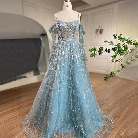 Arabic Purple Sexy Spaghetti Strap Long Sleeves Beaded Luxury A Line Dubai Evening Dresses 2025 LA72234