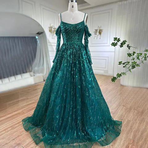 Arabic Purple Sexy Spaghetti Strap Long Sleeves Beaded Luxury A Line Dubai Evening Dresses 2025 LA72234