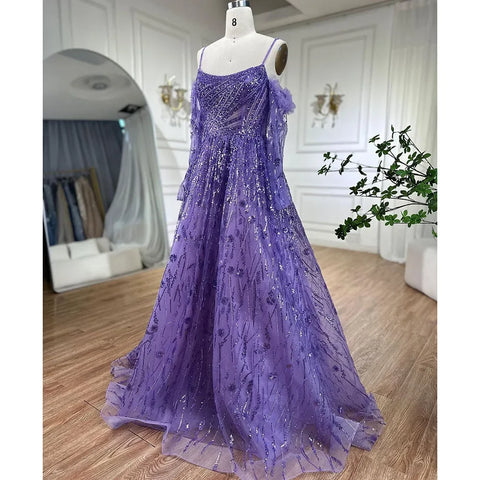 Arabic Purple Sexy Spaghetti Strap Long Sleeves Beaded Luxury A Line Dubai Evening Dresses 2025 LA72234