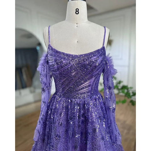 Arabic Purple Sexy Spaghetti Strap Long Sleeves Beaded Luxury A Line Dubai Evening Dresses 2025 LA72234