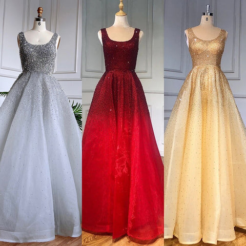 Arabic Red A Line Luxury Crystal Beaded Sexy Dubai Evening Dresses Gowns 2025 For Women  Wedding Party LA70232A