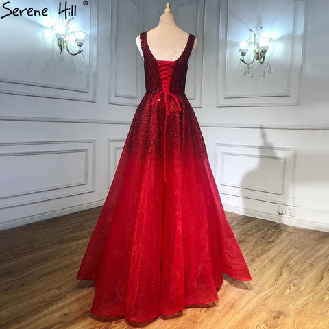 Arabic Red A Line Luxury Crystal Beaded Sexy Dubai Evening Dresses Gowns 2025 For Women  Wedding Party LA70232A