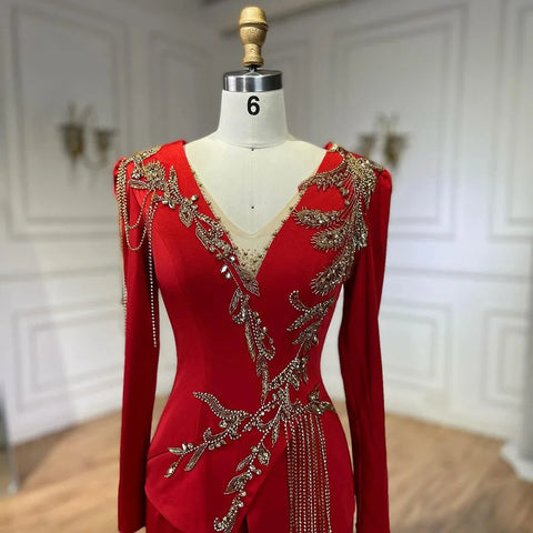 Arabic Red Mermaid Dresses for Women, Elegant Tassel, Beaded, Luxury, Dubai Evening Gowns, Wedding Party, LA72558,