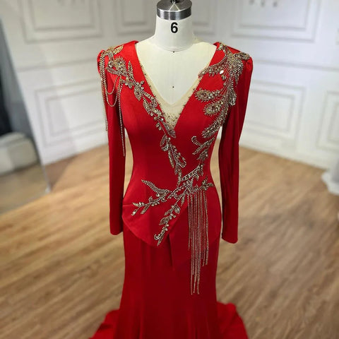 Arabic Red Mermaid Dresses for Women, Elegant Tassel, Beaded, Luxury, Dubai Evening Gowns, Wedding Party, LA72558,
