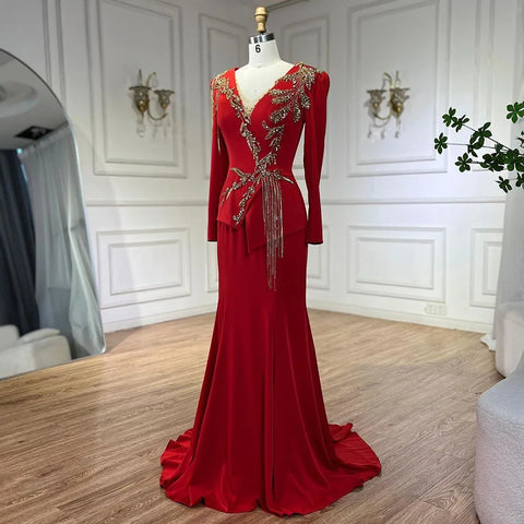 Arabic Red Mermaid Dresses for Women, Elegant Tassel, Beaded, Luxury, Dubai Evening Gowns, Wedding Party, LA72558,