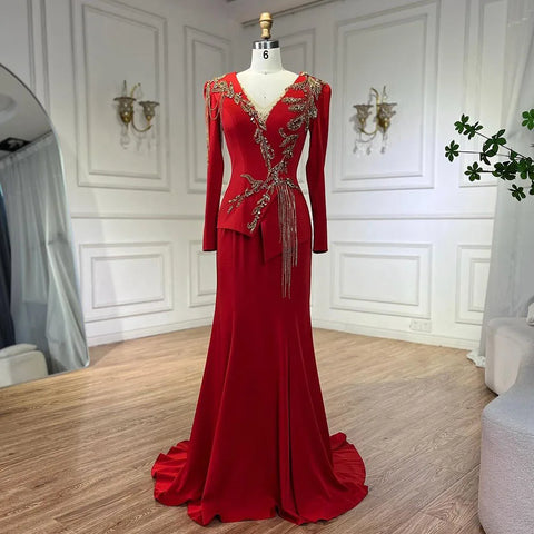 Arabic Red Mermaid Dresses for Women, Elegant Tassel, Beaded, Luxury, Dubai Evening Gowns, Wedding Party, LA72558,