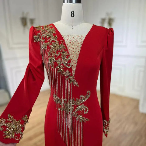 Vestidos de noche de lujo estilo sirena roja árabe con borlas y cuentas, estilo Dubai, colección 2025 para mujer, ideales para bodas y fiestas (LA72494) 