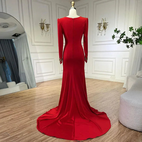 Vestidos de noche de lujo estilo sirena roja árabe con borlas y cuentas, estilo Dubai, colección 2025 para mujer, ideales para bodas y fiestas (LA72494) 