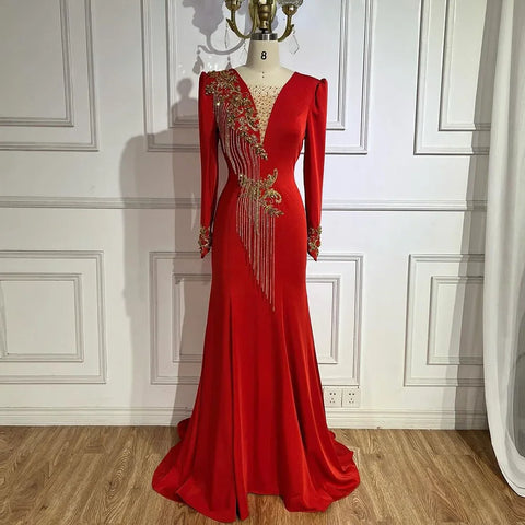 Vestidos de noche de lujo estilo sirena roja árabe con borlas y cuentas, estilo Dubai, colección 2025 para mujer, ideales para bodas y fiestas (LA72494) 