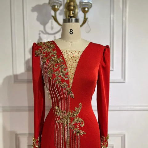 Vestidos de noche de lujo estilo sirena roja árabe con borlas y cuentas, estilo Dubai, colección 2025 para mujer, ideales para bodas y fiestas (LA72494) 