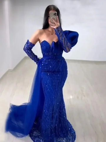 Arabic Royal Blue Mermaid Beaded Luxury Dubai Evening Dresses Gowns 2025 Elegant For Women Wedding Party LA72222