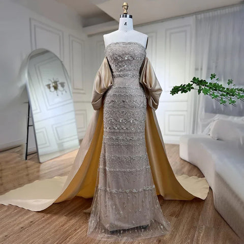 Luxury Sage Green Beaded Evening Dress with Cape LA72126