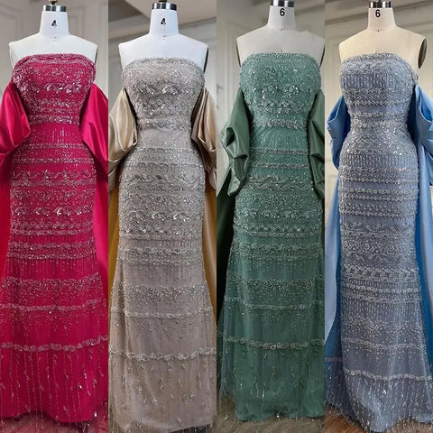 Luxury Sage Green Beaded Evening Dress with Cape LA72126