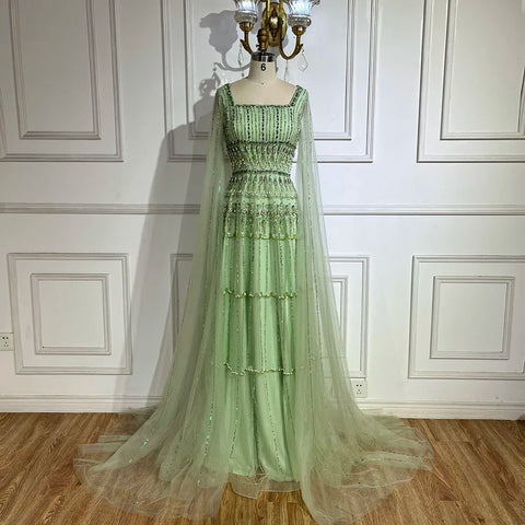 Arabic Sage Green  A-Line Beaded Luxury Dubai Long Evening Gown with Cape Sleeves for Women - Party 2025 LA72595