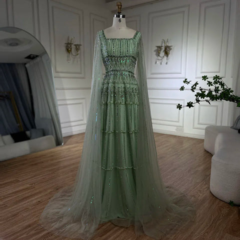 Arabic Sage Green  A-Line Beaded Luxury Dubai Long Evening Gown with Cape Sleeves for Women - Party 2025 LA72595
