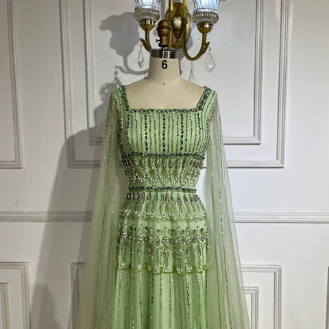 Arabic Sage Green  A-Line Beaded Luxury Dubai Long Evening Gown with Cape Sleeves for Women - Party 2025 LA72595